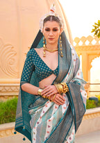 Monjolika Fashion Saree Foil Print Silk In Teal | Grocsy