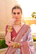 Monjolika Fashion Maroon Ceremonial Foliage Prints Trendy Silk Saree | Grocsy