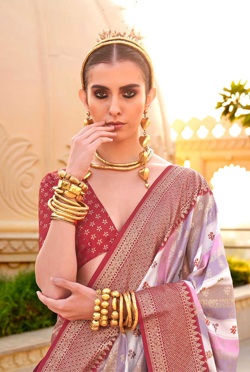 Monjolika Fashion Maroon Ceremonial Foliage Prints Trendy Silk Saree | Grocsy