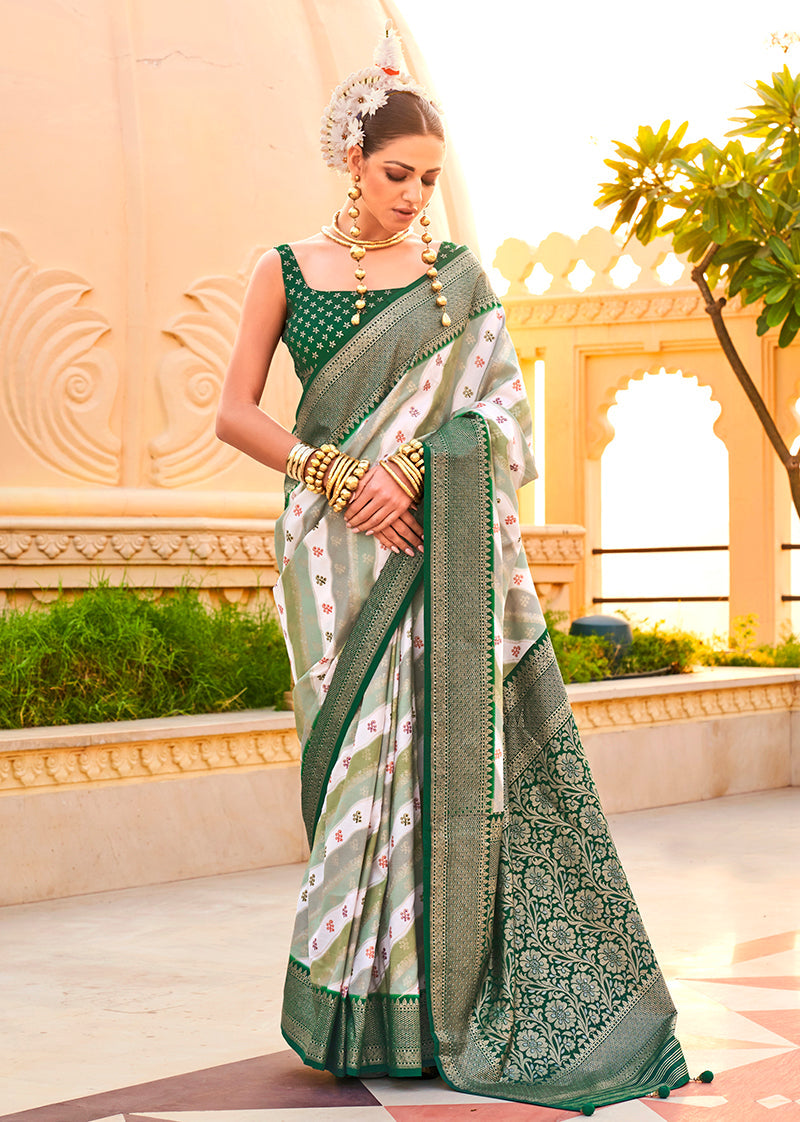 Monjolika Fashion Green Silk Foil Print Classic Saree | Grocsy