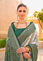 Monjolika Fashion Green Silk Foil Print Classic Saree | Grocsy
