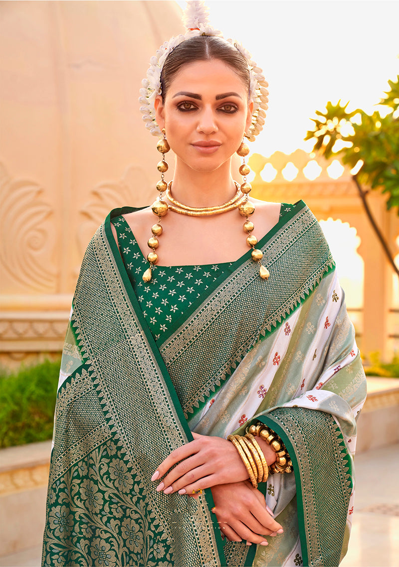 Monjolika Fashion Green Silk Foil Print Classic Saree | Grocsy