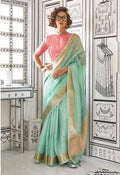 Monjolika Fashion Weaving Aqua Blue Chiffon Classic Saree | Grocsy