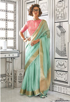 Monjolika Fashion Weaving Aqua Blue Chiffon Classic Saree | Grocsy
