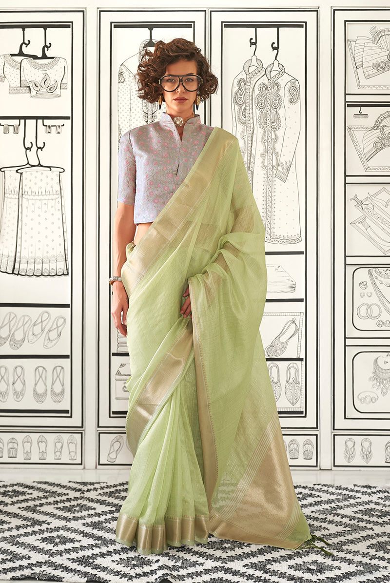 Monjolika Fashion Chiffon Weaving Light Green Designer Saree | Grocsy