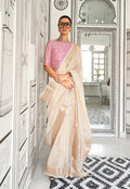 Monjolika Fashion Cream Chiffon Weaving Contemporary Saree | Grocsy