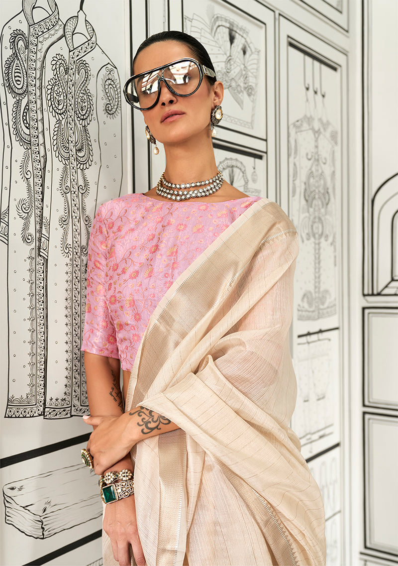 Monjolika Fashion Cream Chiffon Weaving Contemporary Saree | Grocsy