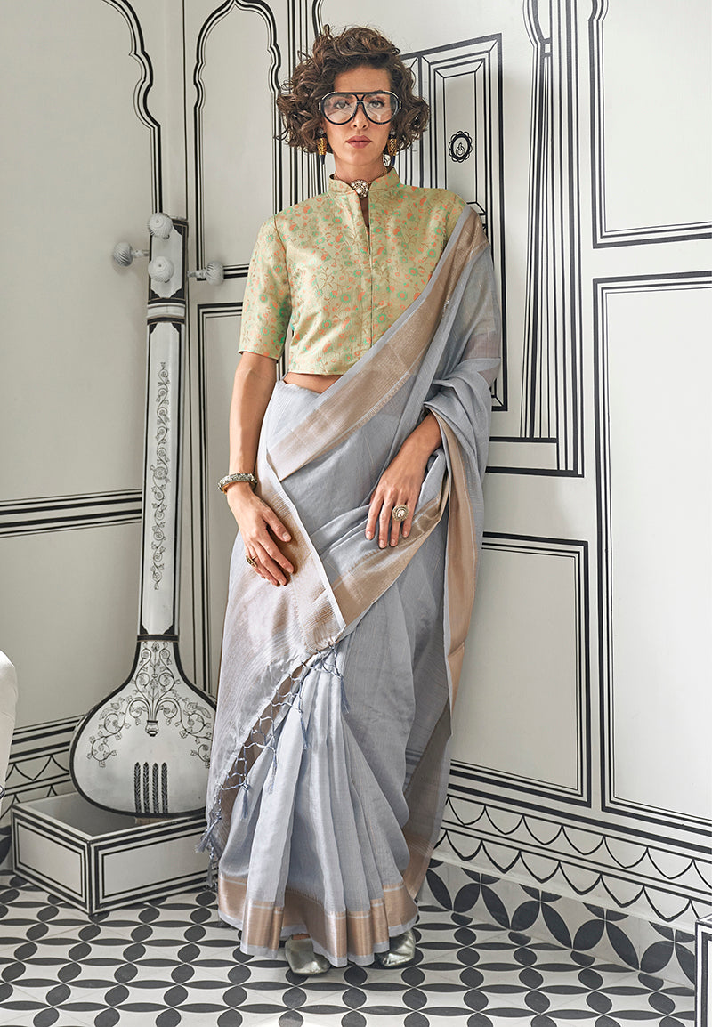 Monjolika Fashion Chiffon Grey Weaving Traditional Saree | Grocsy