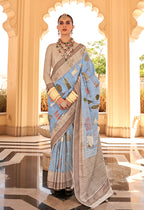 Monjolika Fashion Raw Silk Aqua Blue Foliage Prints Classic Saree | Grocsy
