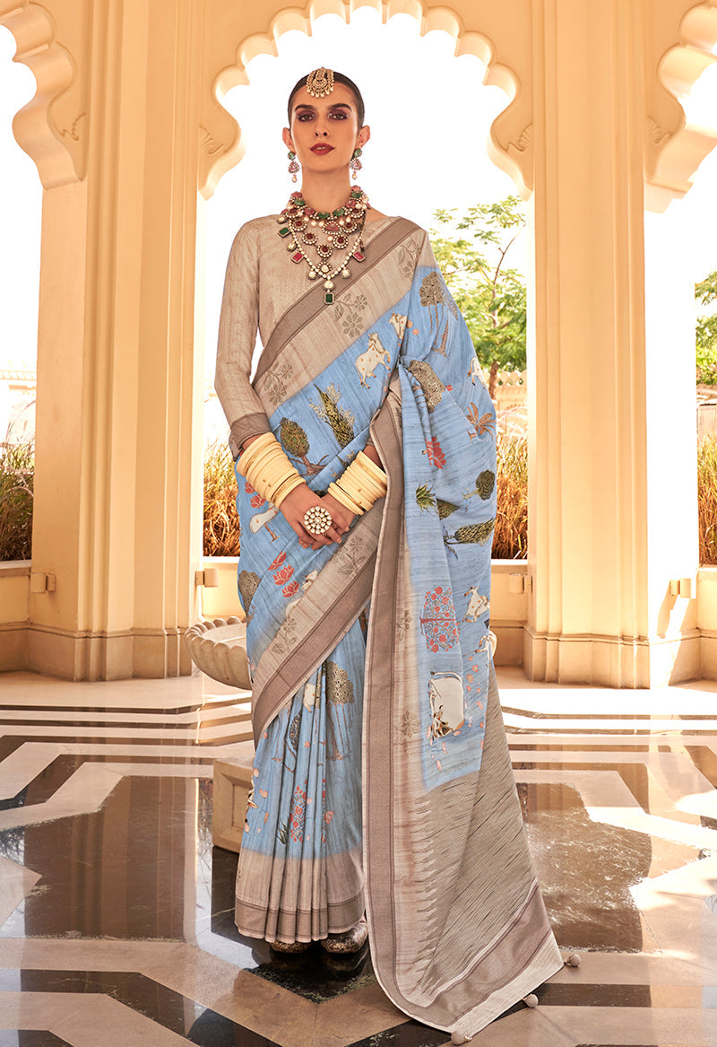 Monjolika Fashion Raw Silk Aqua Blue Foliage Prints Classic Saree | Grocsy