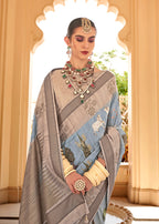 Monjolika Fashion Raw Silk Aqua Blue Foliage Prints Classic Saree | Grocsy
