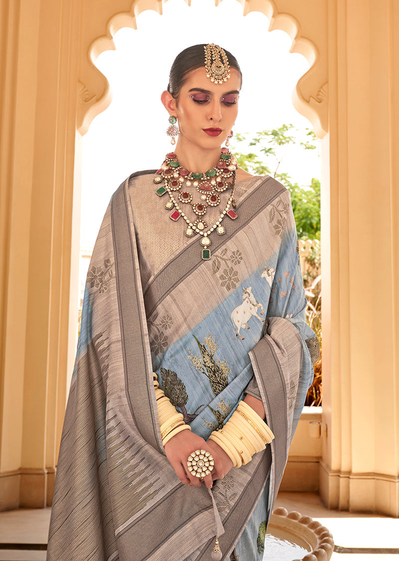 Monjolika Fashion Raw Silk Aqua Blue Foliage Prints Classic Saree | Grocsy