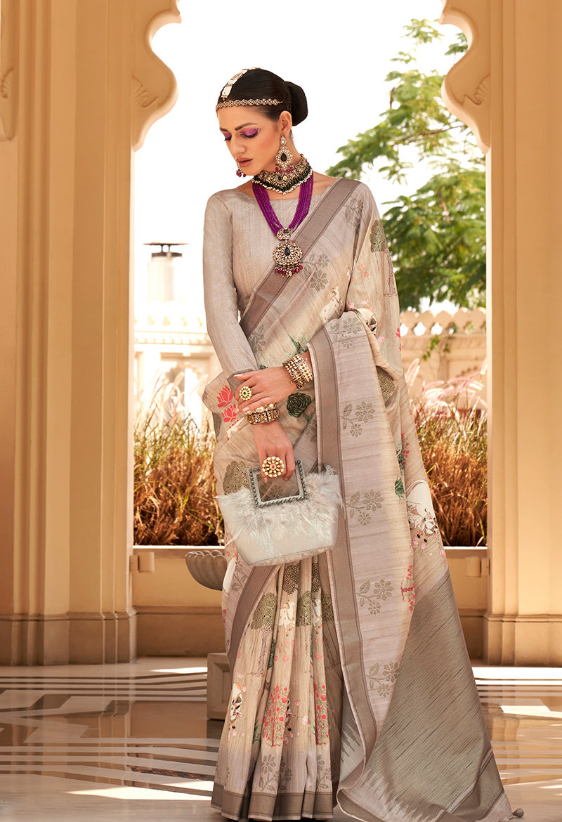 Monjolika Fashion Cream Foil Print Raw Silk Contemporary Saree | Grocsy