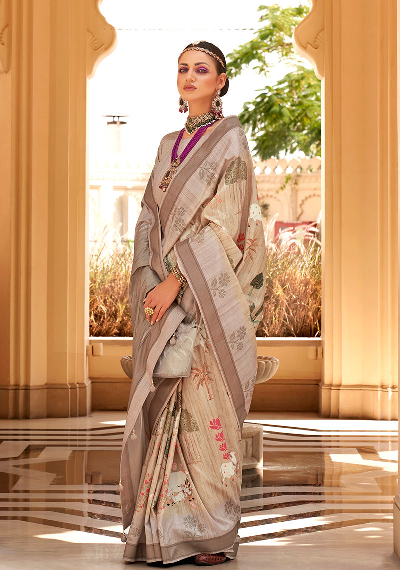 Monjolika Fashion Cream Foil Print Raw Silk Contemporary Saree | Grocsy