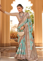 Monjolika Fashion Raw Silk Foliage Prints Turquoise Traditional Saree | Grocsy