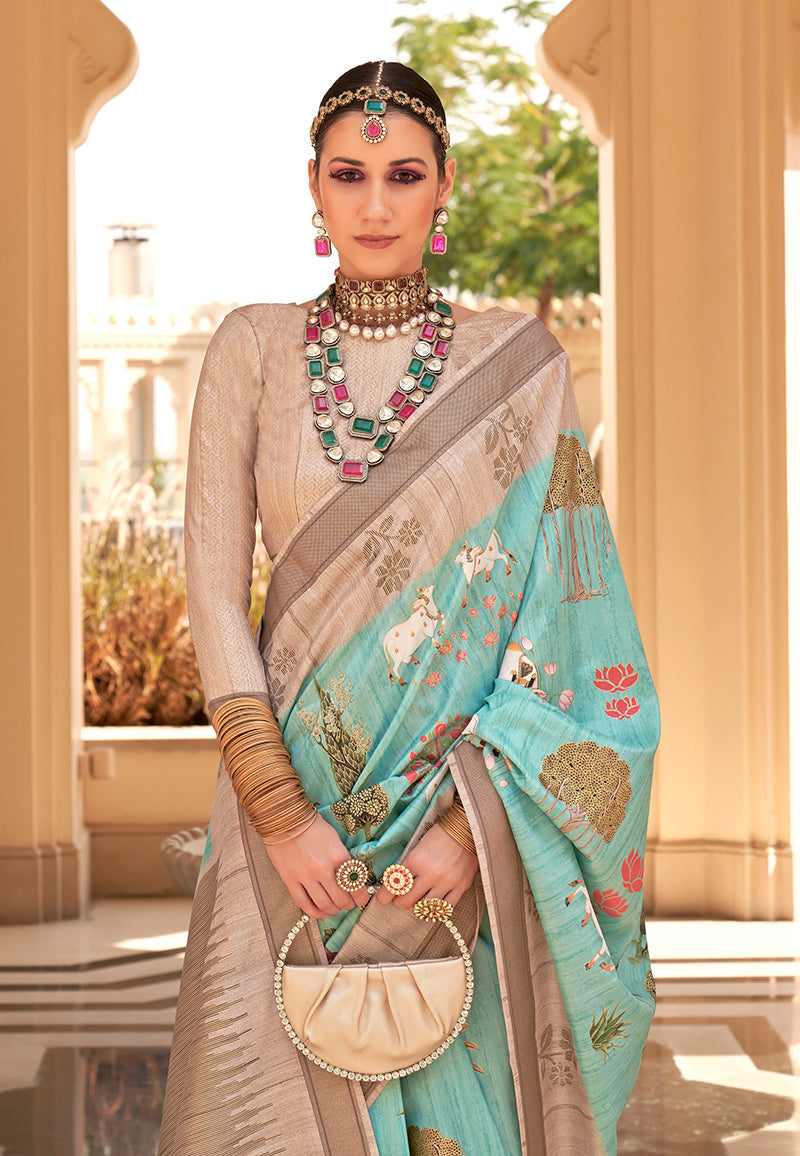Monjolika Fashion Raw Silk Foliage Prints Turquoise Traditional Saree | Grocsy