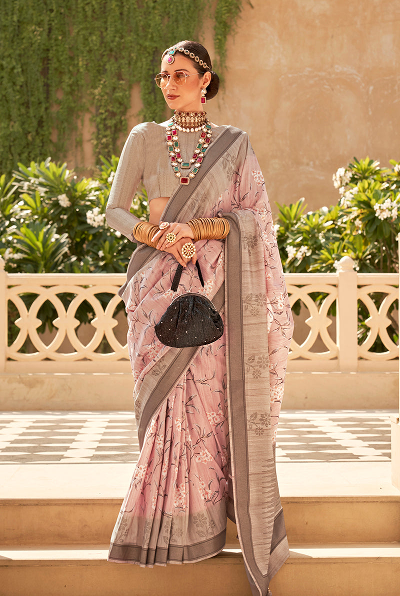 Monjolika Fashion Light Pink Foil Print Raw Silk Classic Saree | Grocsy