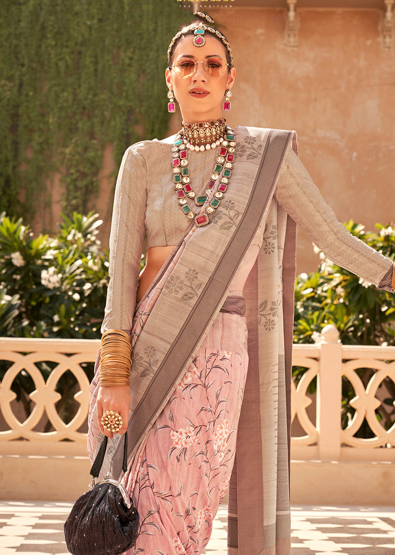 Monjolika Fashion Light Pink Foil Print Raw Silk Classic Saree | Grocsy