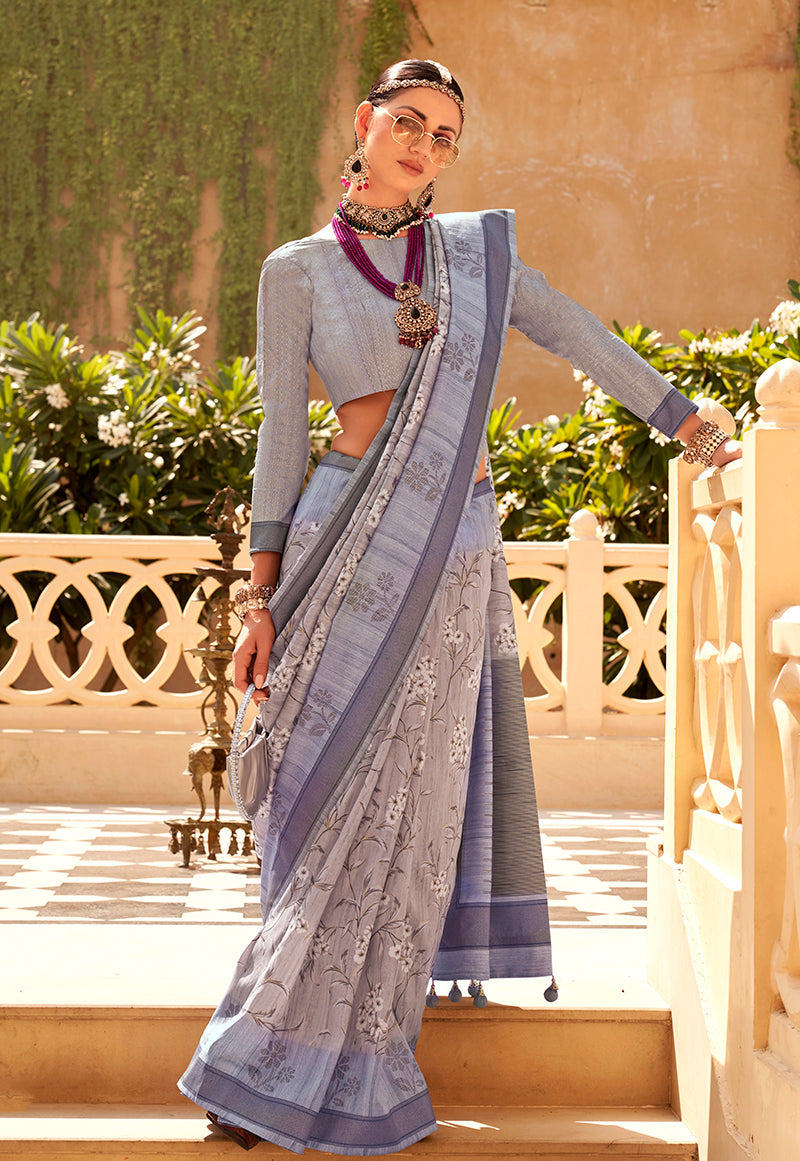 Monjolika Fashion Raw Silk Grey Foliage Prints Classic Saree | Grocsy