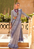 Monjolika Fashion Raw Silk Grey Foliage Prints Classic Saree | Grocsy