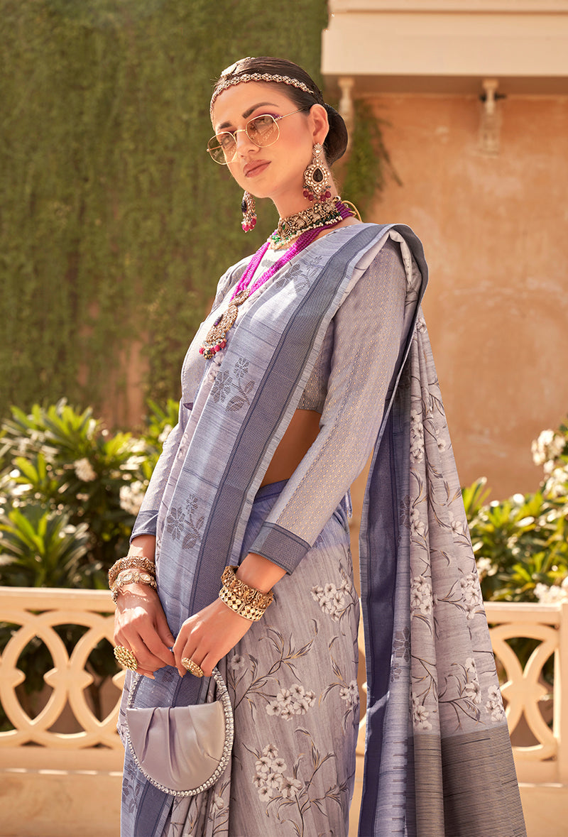 Monjolika Fashion Raw Silk Grey Foliage Prints Classic Saree | Grocsy