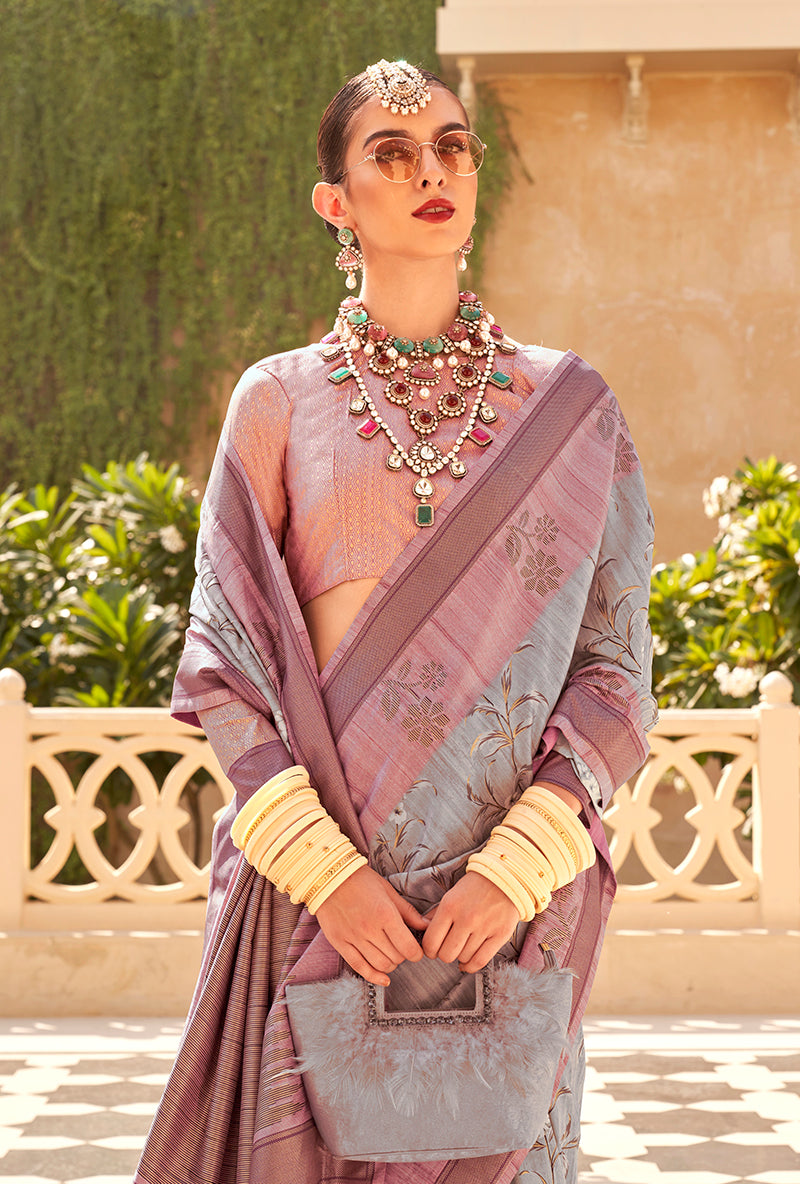 Monjolika Fashion Raw Silk Multi Colour Foliage Prints Contemporary Saree | Grocsy