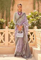 Monjolika Fashion Raw Silk Foliage Prints Lavender Traditional Saree | Grocsy