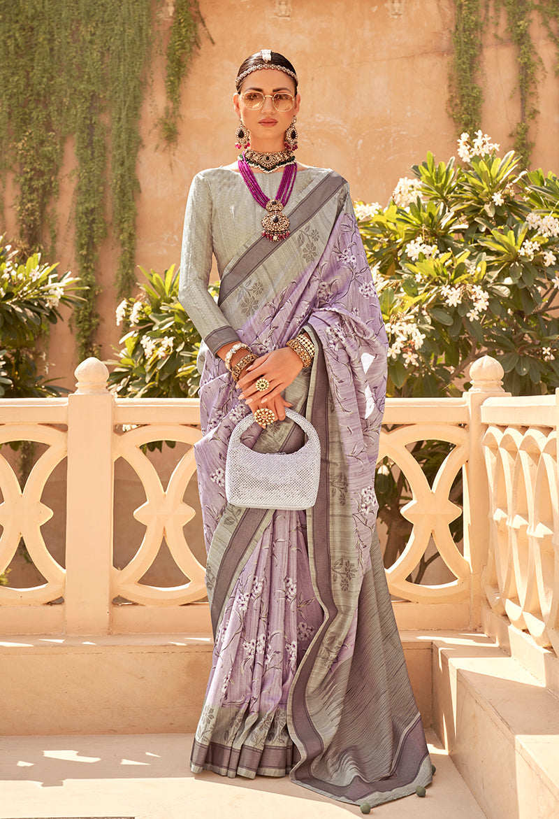 Monjolika Fashion Raw Silk Foliage Prints Lavender Traditional Saree | Grocsy