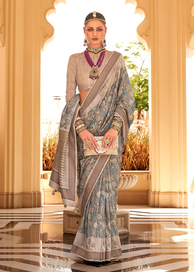 Monjolika Fashion Raw Silk Foil Print Multi Colour Trendy Saree | Grocsy