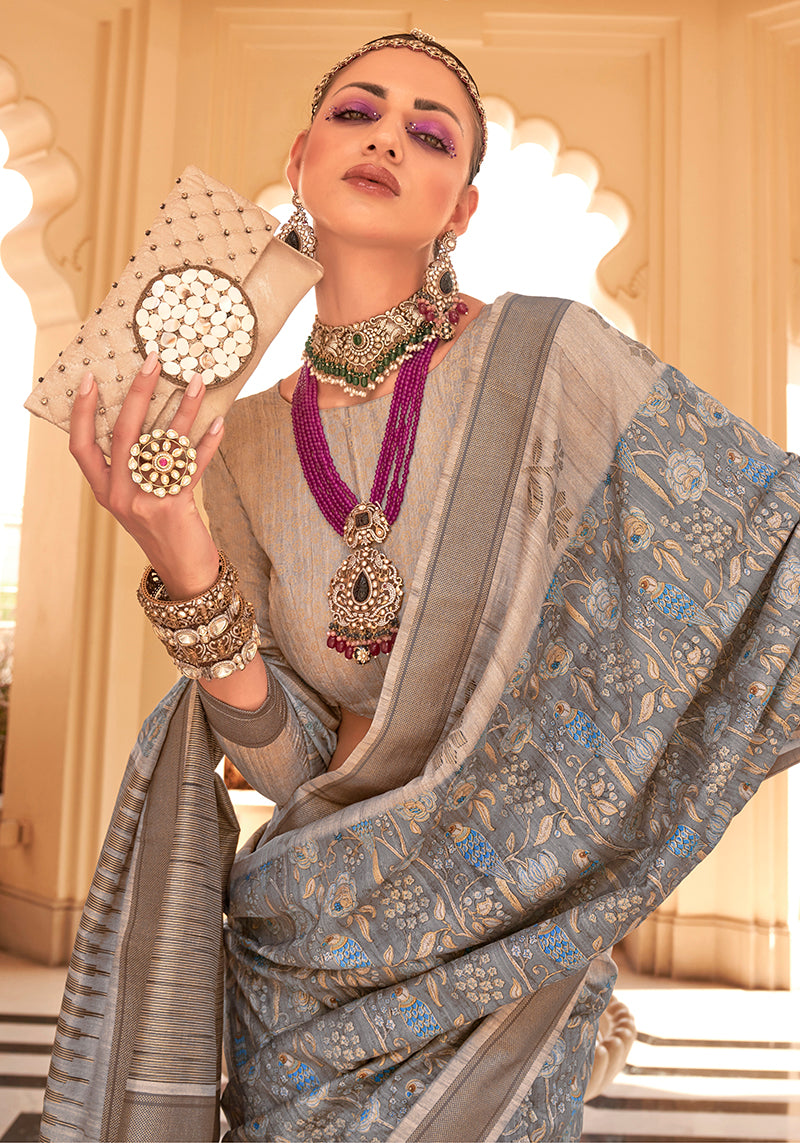 Monjolika Fashion Raw Silk Foil Print Multi Colour Trendy Saree | Grocsy