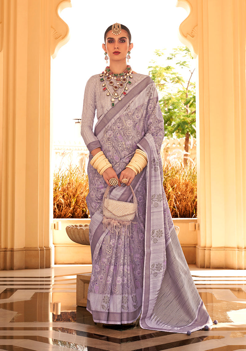 Monjolika Fashion Raw Silk Lavender Foliage Prints Classic Saree | Grocsy