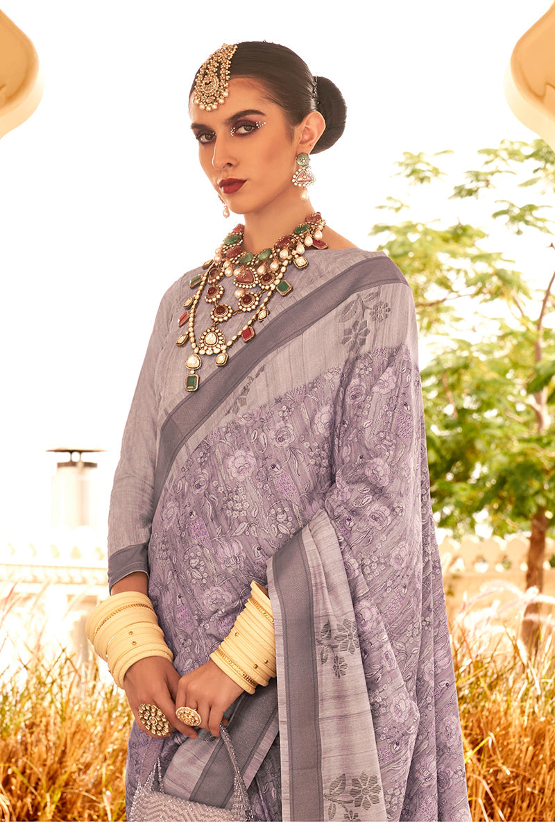 Monjolika Fashion Raw Silk Lavender Foliage Prints Classic Saree | Grocsy