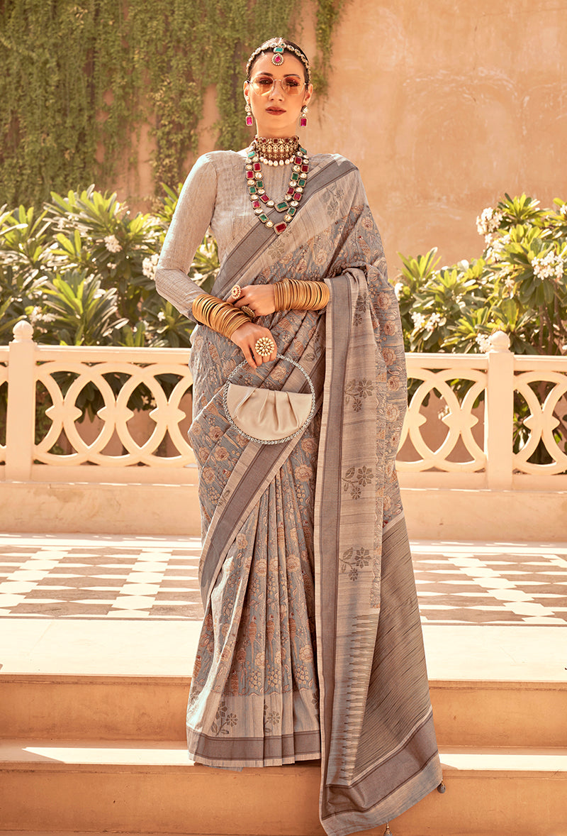 Monjolika Fashion Raw Silk Beige Foil Print Contemporary Saree | Grocsy