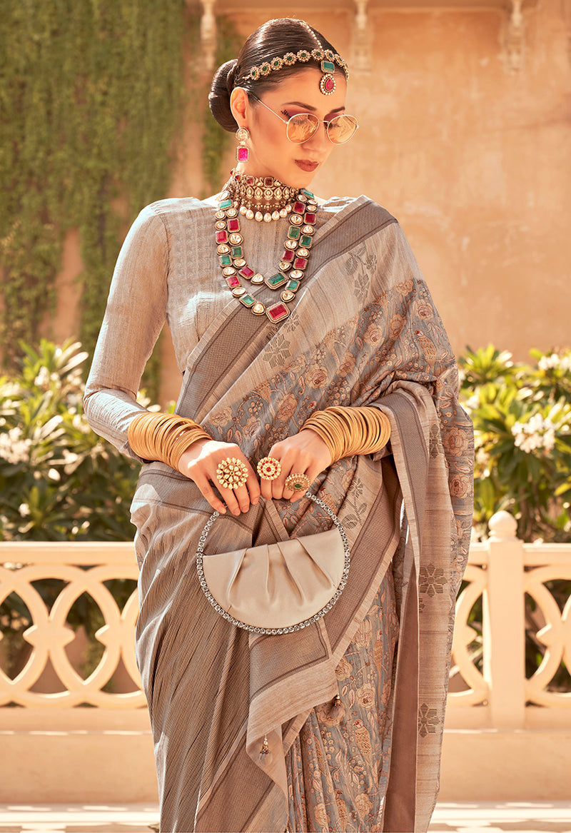 Monjolika Fashion Raw Silk Beige Foil Print Contemporary Saree | Grocsy