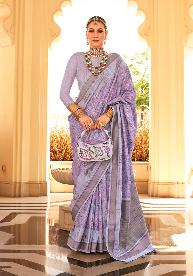 Monjolika Fashion Raw Silk Foil Print Lavender Trendy Saree | Grocsy