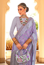 Monjolika Fashion Raw Silk Foil Print Lavender Trendy Saree | Grocsy