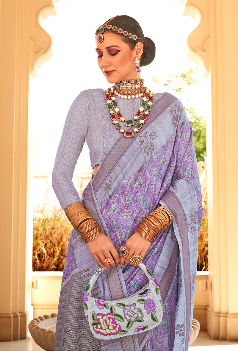 Monjolika Fashion Raw Silk Foil Print Lavender Trendy Saree | Grocsy