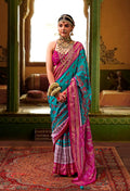 Monjolika Fashion Silk Patola Print Aqua Blue Designer Saree | Grocsy