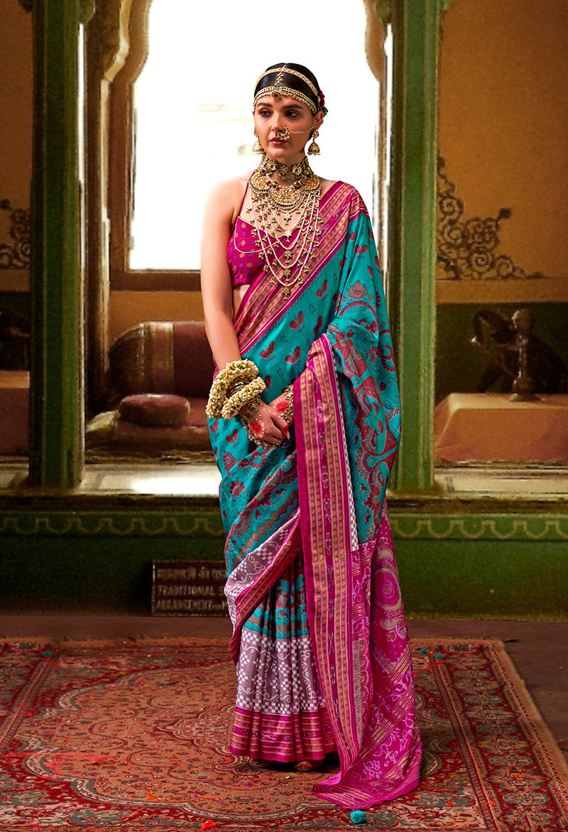 Monjolika Fashion Silk Patola Print Aqua Blue Designer Saree | Grocsy