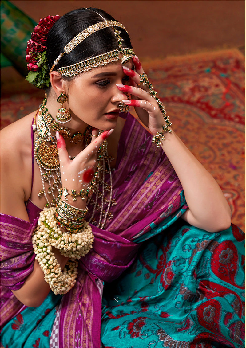 Monjolika Fashion Silk Patola Print Aqua Blue Designer Saree | Grocsy