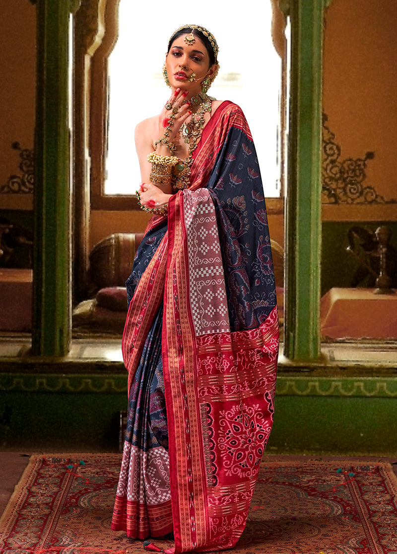 Monjolika Fashion Silk Patola Print Navy Blue Traditional Saree | Grocsy