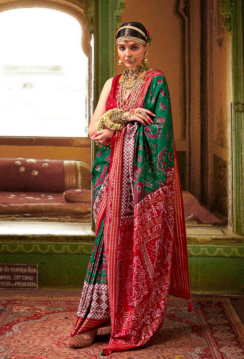 Monjolika Fashion Green Silk Patola Print Classic Saree | Grocsy