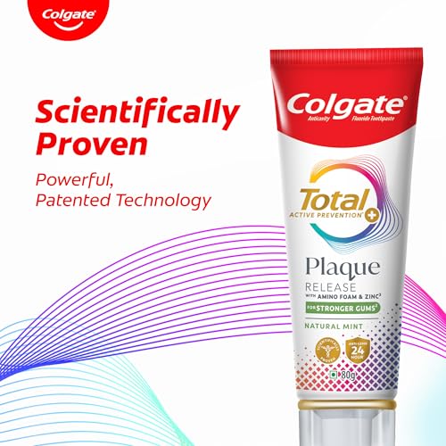 Colgate Total Plaque Release Toothpaste | Tooth Paste with Amino Foam & Zinc | Colgate Paste Toothpaste for Stronger Gums | 3X More Effective at Fighting Plaque - Natural Mint (80gm)(2.8 Ounce) | Grocsy