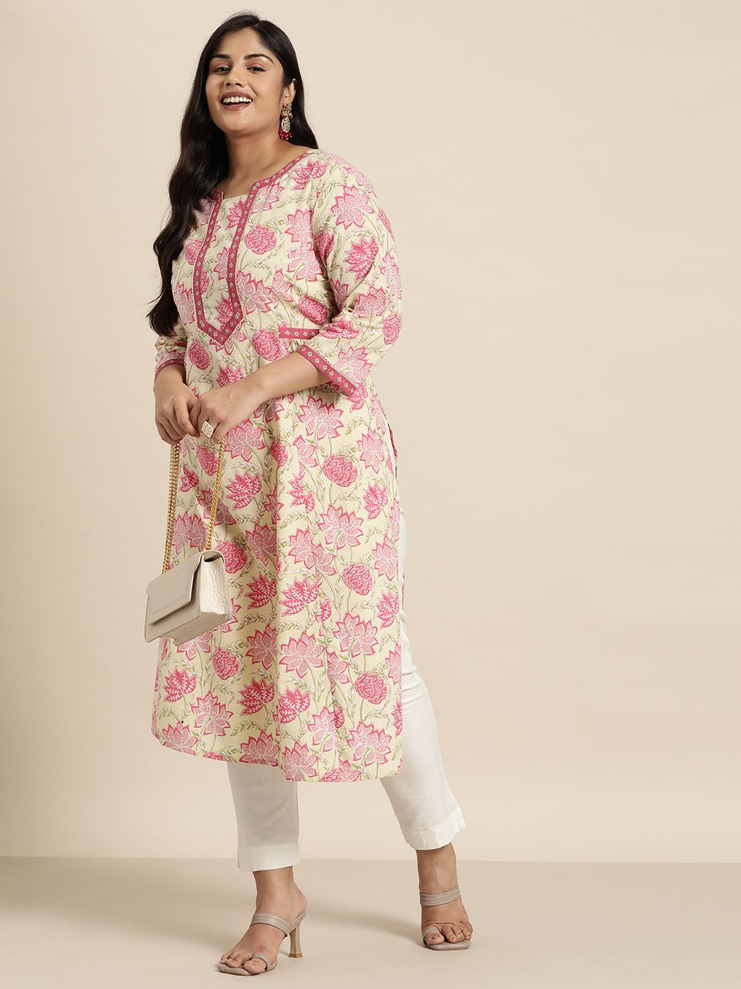 Sztori Plus Size Cotton Floral Print Gotta Patti Kurta | Grocsy