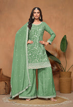 Monjolika Fashion Light-Green Color Embroidered Santoon Chinnon Salwar Suit | Grocsy