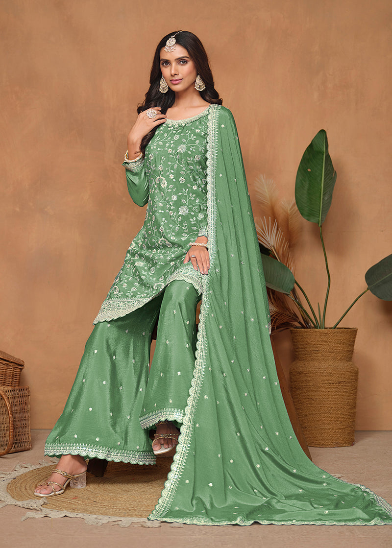 Monjolika Fashion Light-Green Color Embroidered Santoon Chinnon Salwar Suit | Grocsy