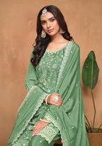 Monjolika Fashion Light-Green Color Embroidered Santoon Chinnon Salwar Suit | Grocsy