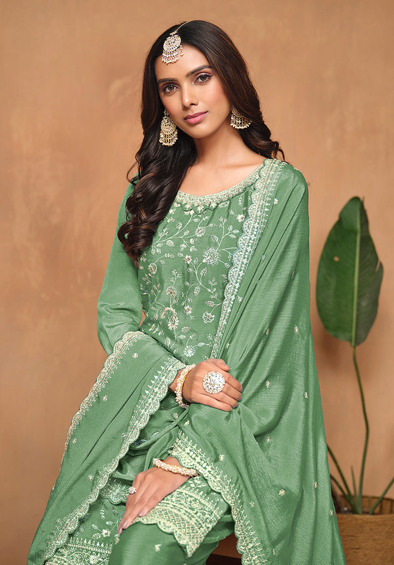 Monjolika Fashion Light-Green Color Embroidered Santoon Chinnon Salwar Suit | Grocsy