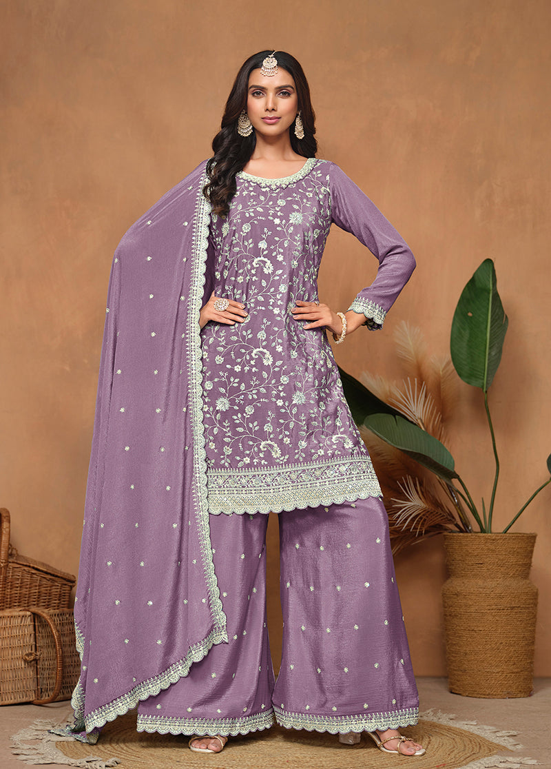 Monjolika Fashion Lavender Color Embroidered Santoon Chinnon Salwar Suit | Grocsy