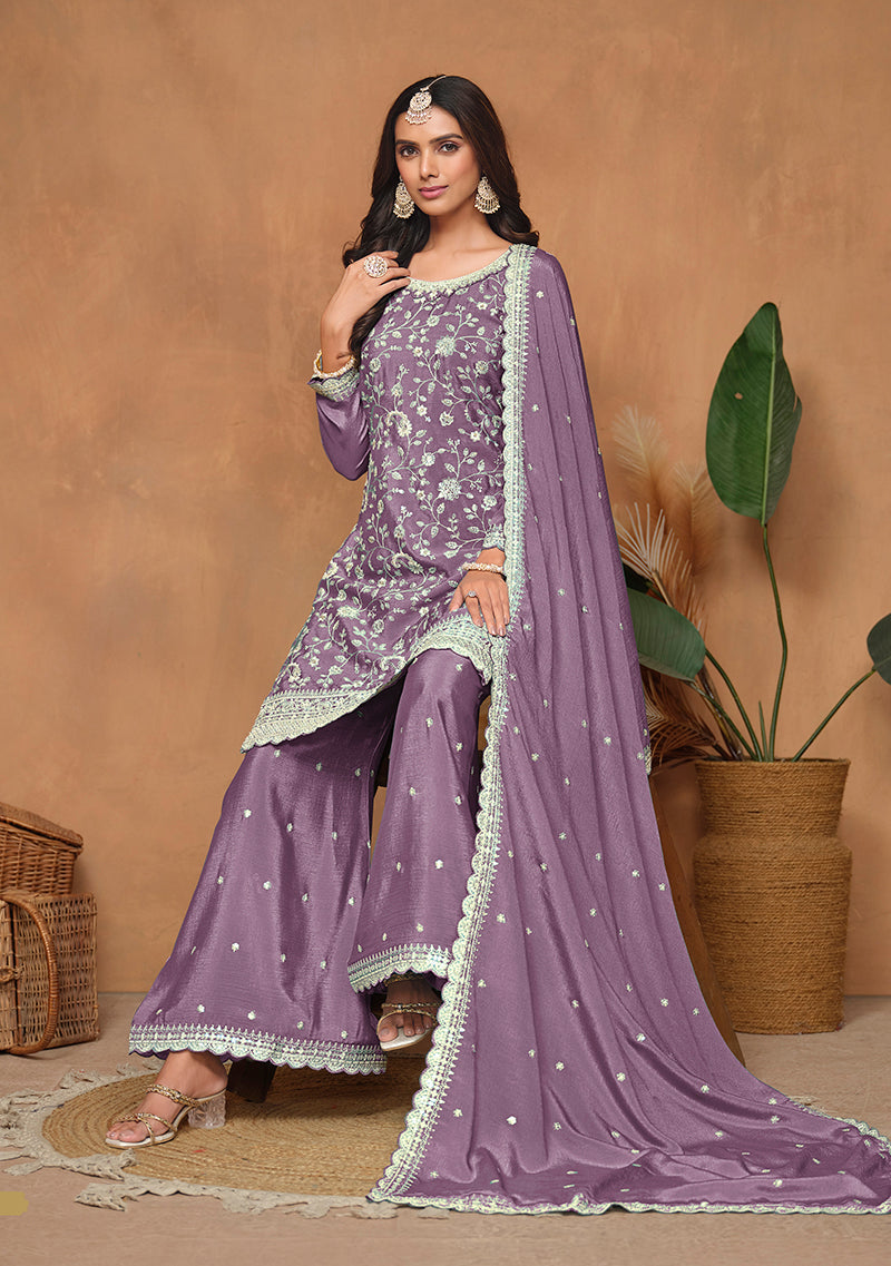 Monjolika Fashion Lavender Color Embroidered Santoon Chinnon Salwar Suit | Grocsy